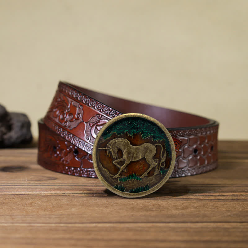 Cintura in pelle con fibbia in bronzo antico con unicorno mistico fai da te da uomo - Unicorno - Cintura marrone intagliata (40) - image 12