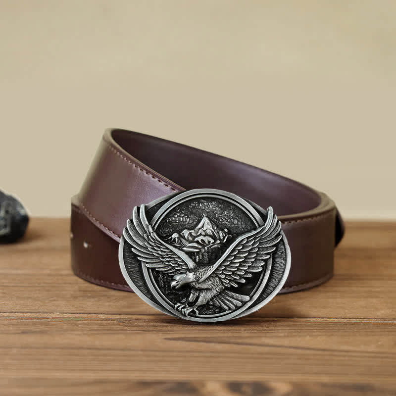 Cintura in pelle con fibbia a forma di aquila volante prepotente fai da te da uomo - Argento antico - Cintura PU marrone (40) - image 13