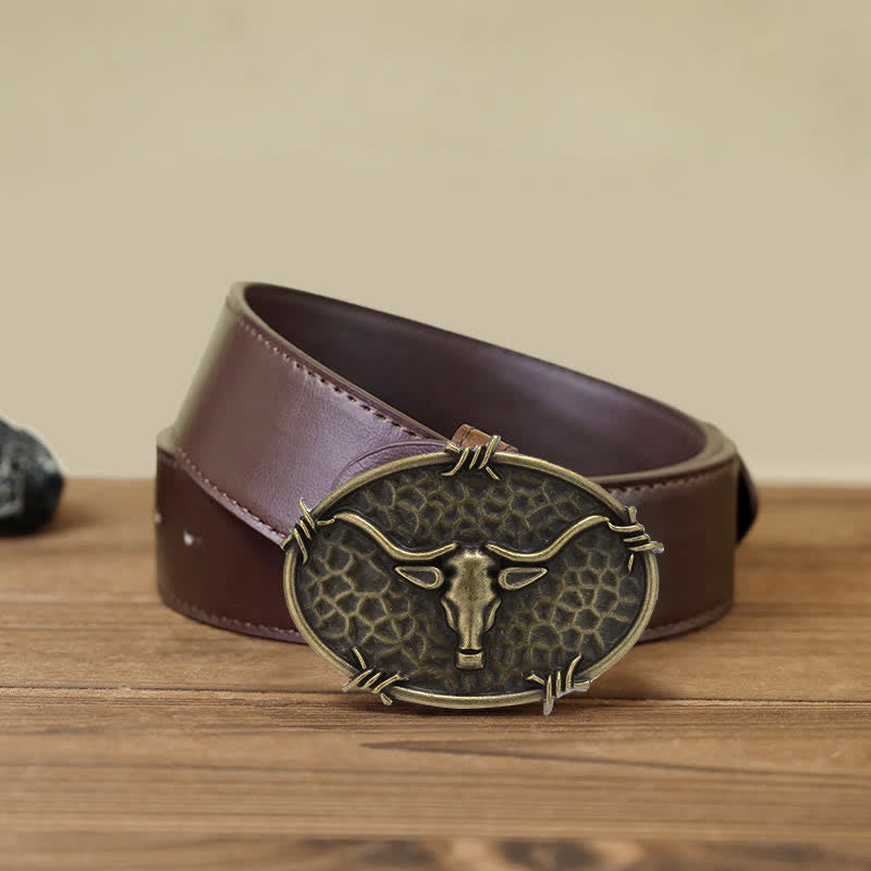 Cintura in pelle con fibbia martellata a forma di testa di toro da cowboy fai da te da uomo - Bronzo antico - Cintura PU marrone (40) - image 13