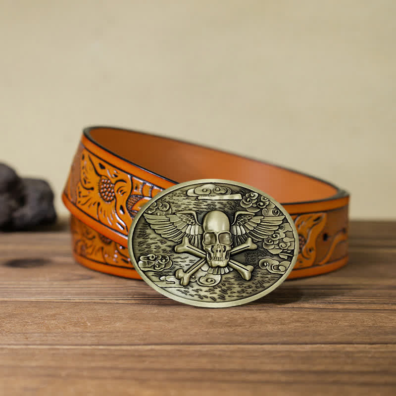 Cintura in pelle con fibbia porta birra creativa fai da te a forma di teschio e angelo da uomo - Bronzo - Cintura intagliata arancione (40) - image 33