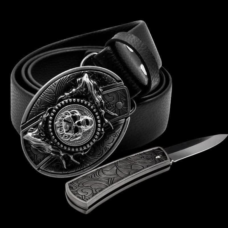 Cintura girevole in pelle da uomo con teschio e coltello pieghevole - Cranio rotante - 46 - image 0