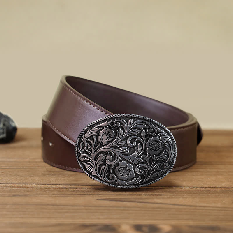 Cintura in pelle con fibbia ovale floreale classica fai da te da uomo - Argento antico - Cintura PU marrone (40) - image 8