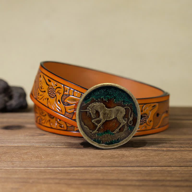 Cintura in pelle con fibbia in bronzo antico con unicorno mistico fai da te da uomo - Unicorno - Cintura intagliata arancione (40) - image 16