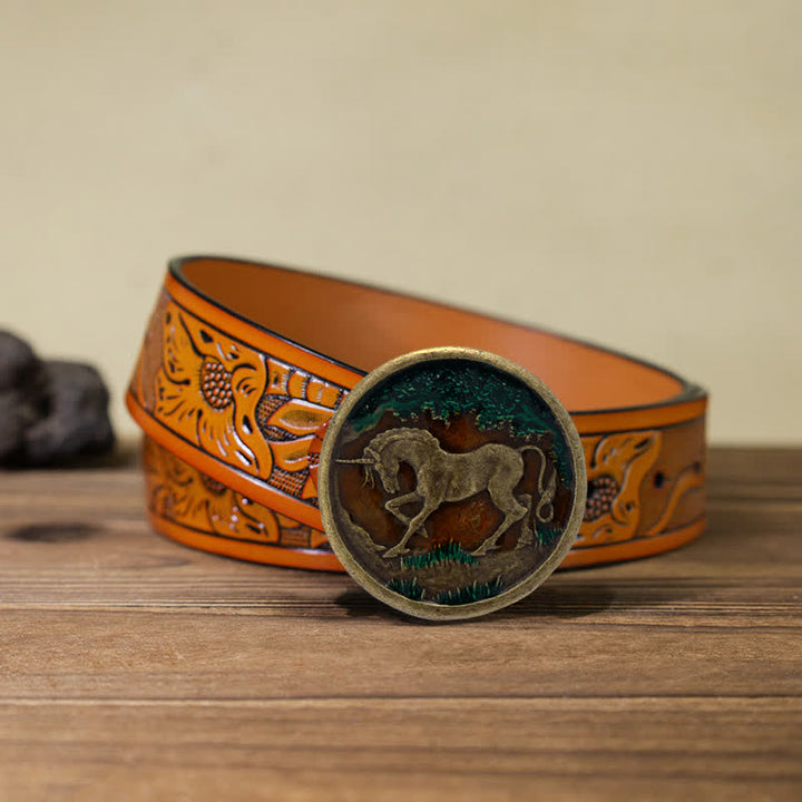 Cintura in pelle con fibbia in bronzo antico con unicorno mistico fai da te da uomo - Unicorno - Cintura intagliata arancione (40) - image 16