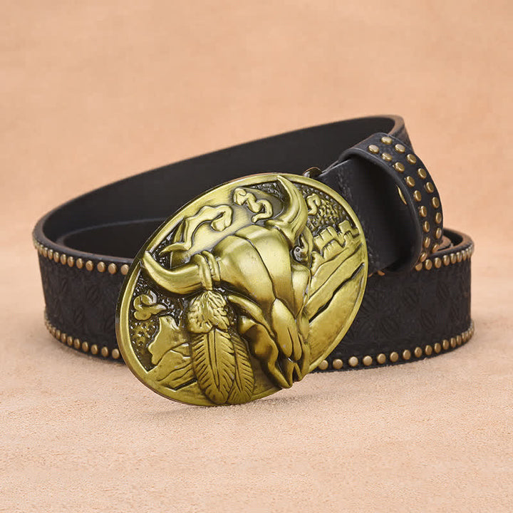 Cintura in pelle con fibbia a testa di toro e rivetto decorativo da uomo - image 5