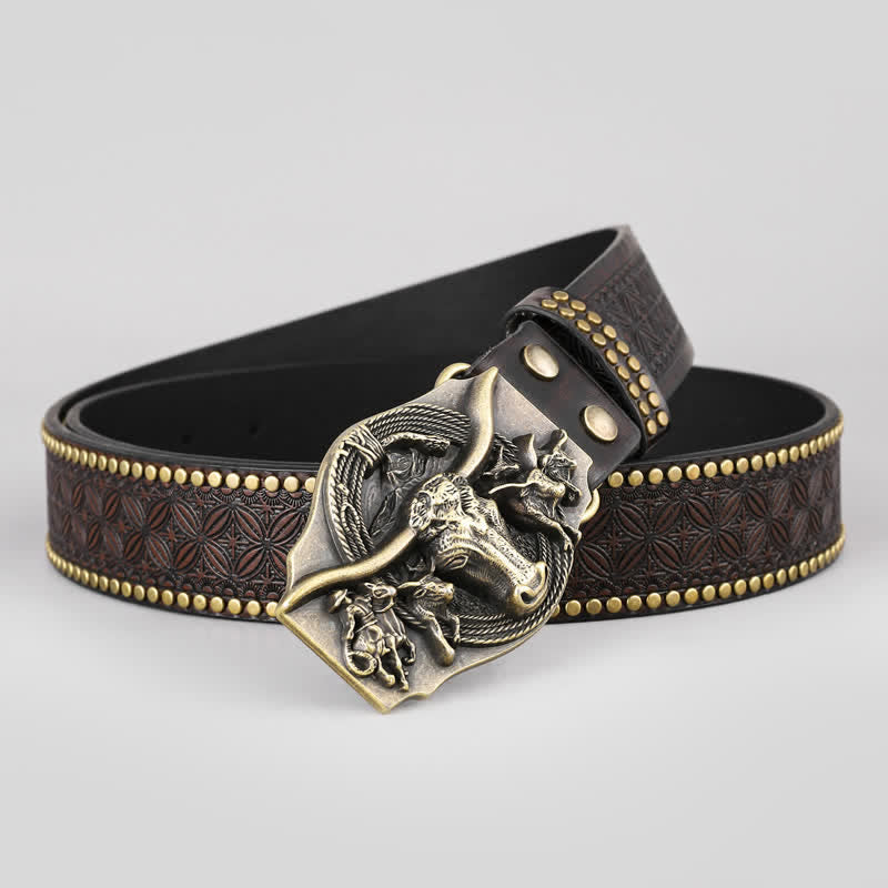 Cintura da uomo in pelle di toro Longhorn Western Vintage - Toro dalle lunghe corna - 42 - image 0