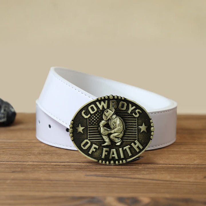 Cintura in pelle con fibbia "Cowboys Of Faith" fai da te da uomo - Oro antico - Cintura PU bianca (40) - image 7