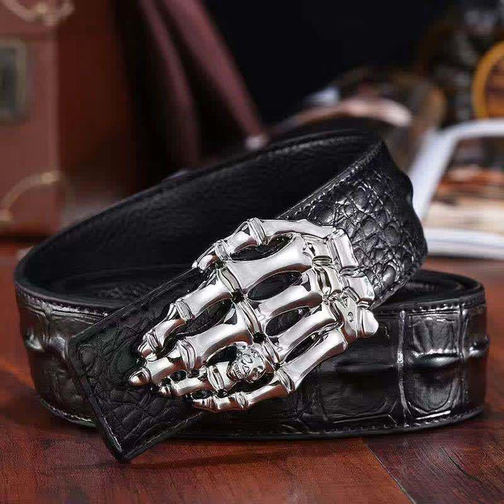 Cintura da uomo in pelle con motivo coccodrillo e teschio e osso - Argento - 44 - image 0