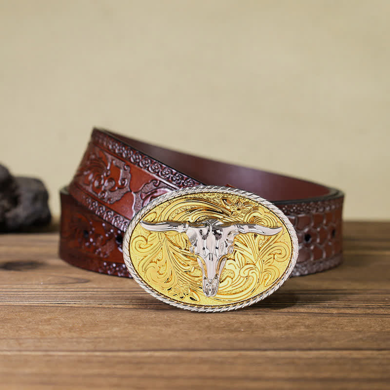 Cintura in pelle con fibbia a testa di toro dorata fai da te da uomo - Toro - Cintura marrone intagliata (40) - image 12