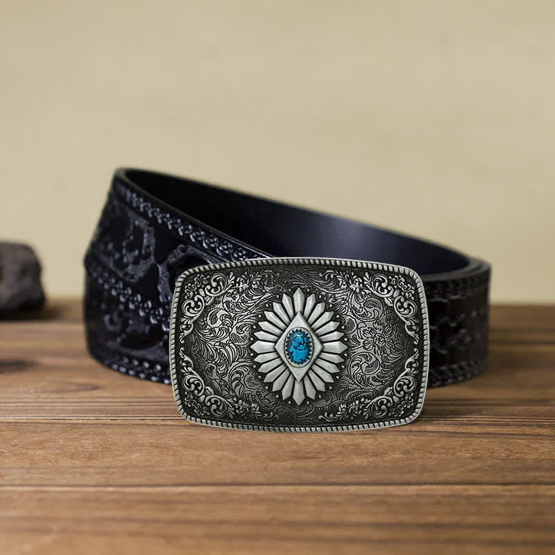 Cintura in pelle con fibbia western turchese quadrata fai da te da uomo - Argento antico - Cintura nera intagliata (40) - image 17