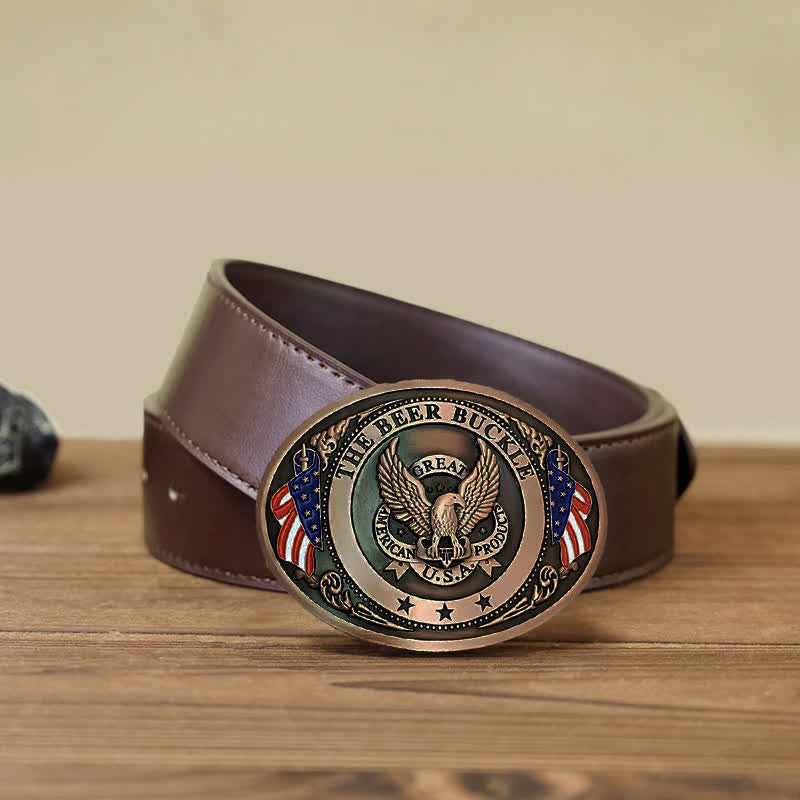 Cintura in pelle con fibbia porta birra creativa fai da te con bandiera USA e aquila da uomo - Rame - Cintura PU marrone (40) - image 18