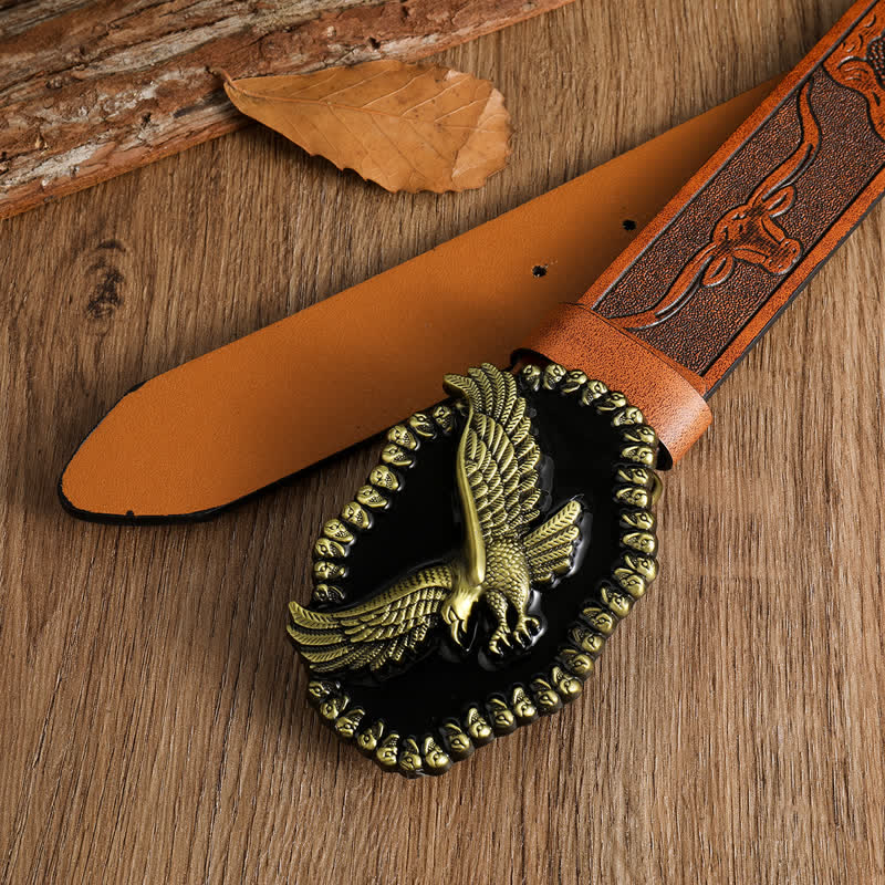 Cintura in pelle da uomo con aquila in oro antico e falco che vola - image 18