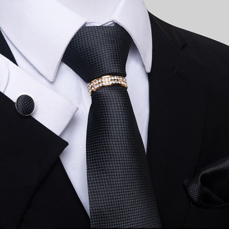 Set di 4 cravatte da uomo a micro-quadri con anello per cravatta - Nero - image 4
