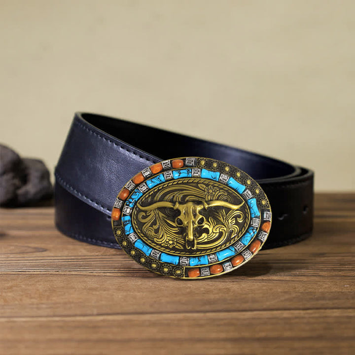 Cintura in pelle con fibbia a forma di toro con perline di legno turchese fai da te da uomo - Oro - Cintura in PU nera (115 cm/46 pollici) - image 4