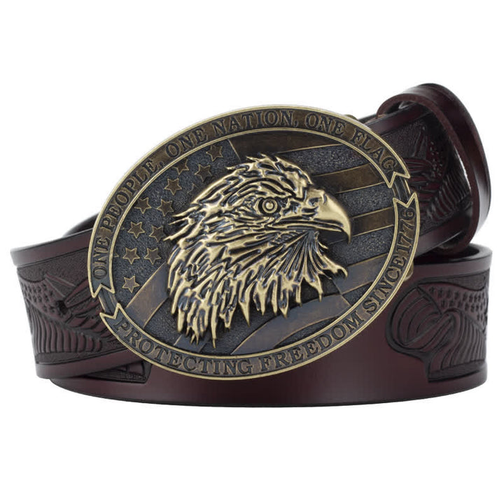 Cintura in pelle con fibbia della bandiera americana con testa d'aquila calva da uomo - Caffè / Bronzo - 46 - image 11