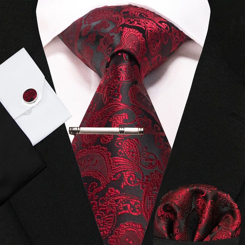 Set di 4 cravatte Paisley squisite da uomo, color cremisi e nero - Cremisi e nero - image 0