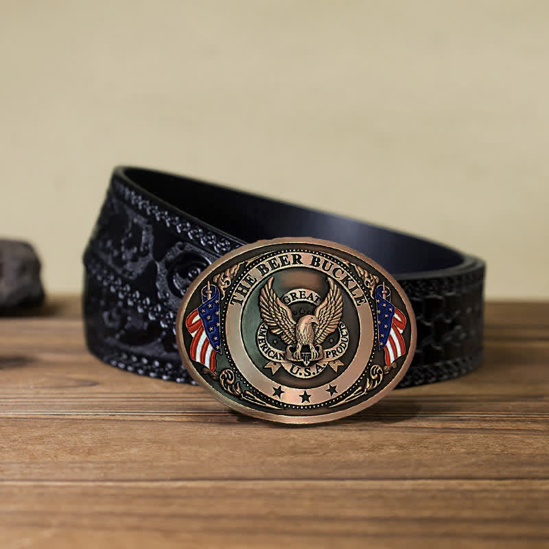 Cintura in pelle con fibbia porta birra creativa fai da te con bandiera USA e aquila da uomo - Rame - Cintura nera intagliata (40) - image 22