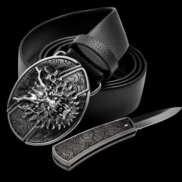 Cintura in pelle da uomo con testa di drago e coltello pieghevole - Drago - 46 - image 0