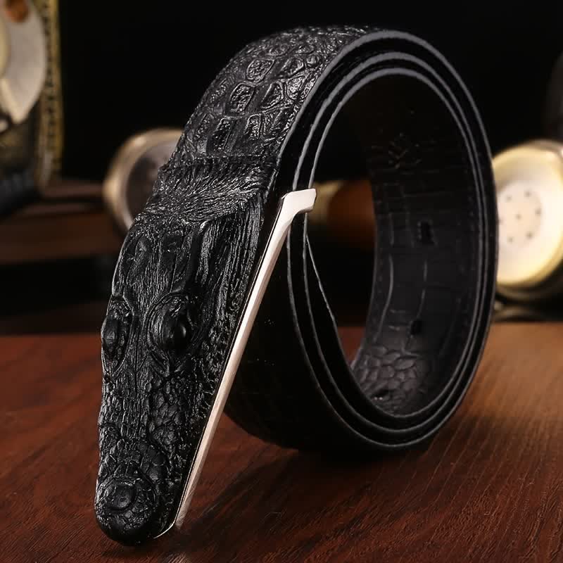 Cintura in pelle con fibbia a forma di testa di coccodrillo realistica da uomo - Nero - 42 - image 7