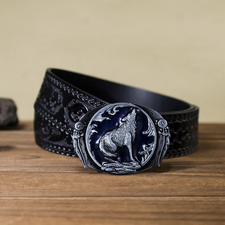 Cintura in pelle con fibbia a forma di lupo ululante e smaltato fai da te da uomo - Blu - Cintura nera intagliata (40) - image 15
