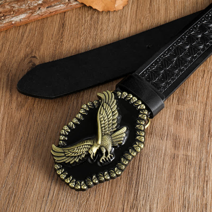 Cintura in pelle da uomo con aquila in oro antico e falco che vola - image 14