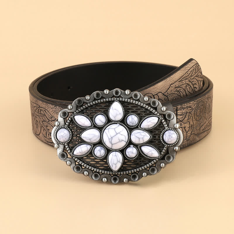 Cintura in pelle goffrata con gemme bianche etniche da donna - Abbronzatura - 32 - image 0