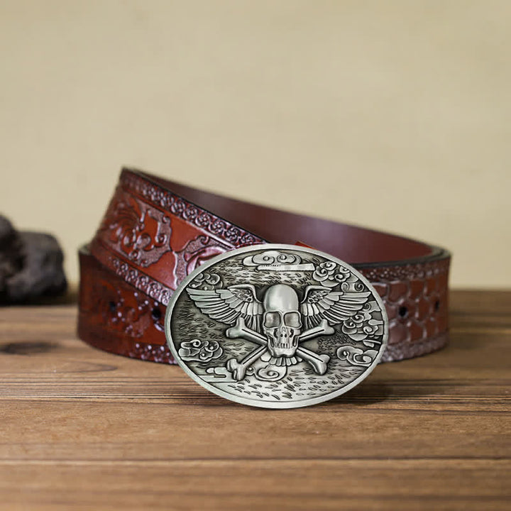 Cintura in pelle con fibbia porta birra creativa fai da te a forma di teschio e angelo da uomo - Argento - Cintura marrone intagliata (40) - image 24