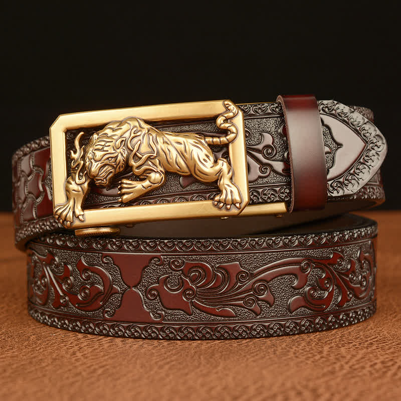Cintura da uomo in pelle con fibbia a forma di tigre e motivo floreale in rilievo - Oro e marrone - 46 - image 0