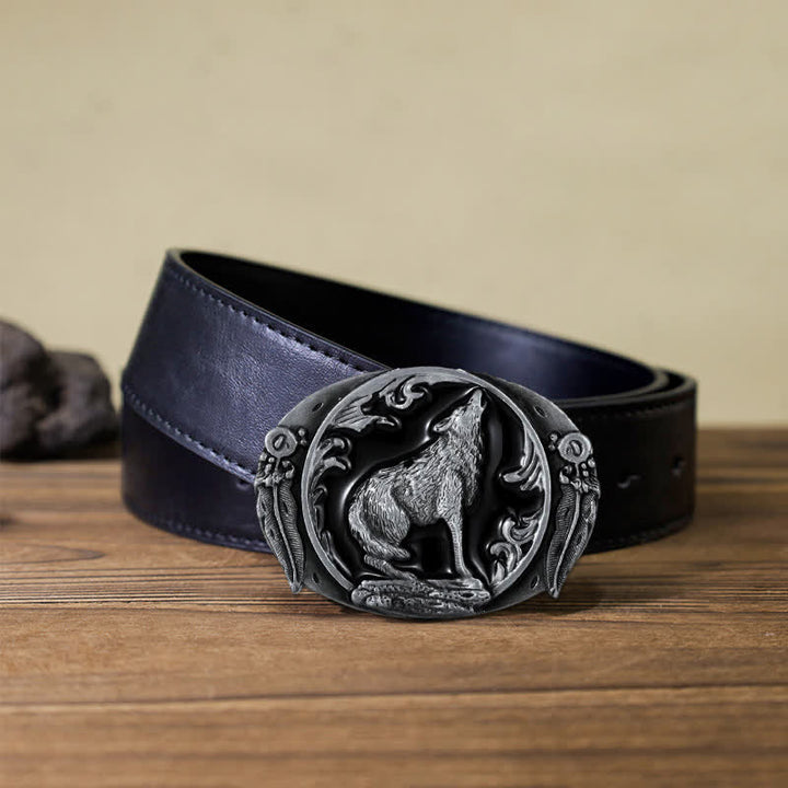 Cintura in pelle con fibbia a forma di lupo ululante e smaltato fai da te da uomo - Nero - Cintura PU nera (40) - image 5