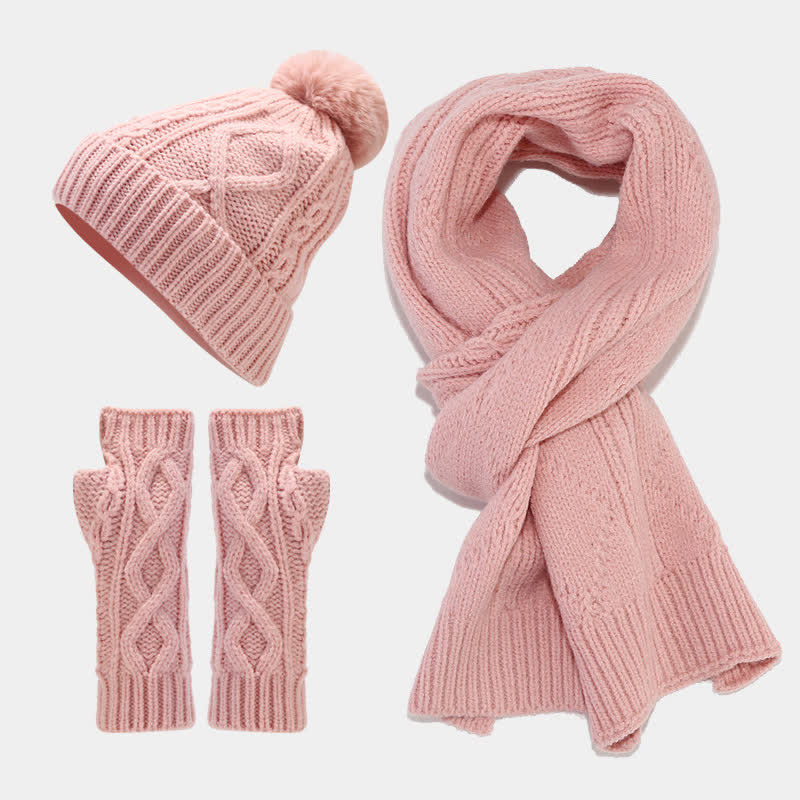Set di 3 guanti senza dita con sciarpa e cappello lavorati a maglia da donna - Rosa - Regolabile (22"-22 7/8") - image 0