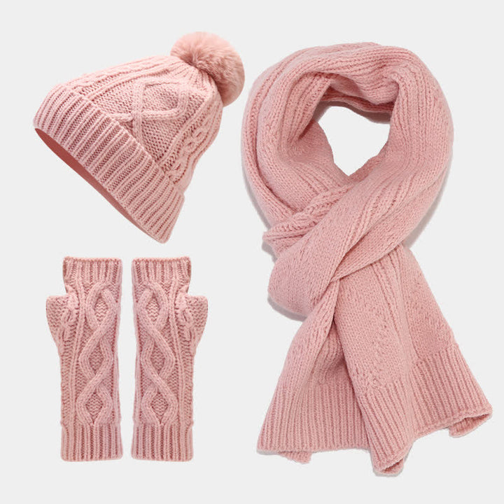Set di 3 guanti senza dita con sciarpa e cappello lavorati a maglia da donna - Rosa - Regolabile (22"-22 7/8") - image 0