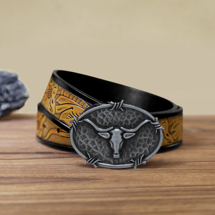 Cintura in pelle con fibbia martellata a forma di testa di toro da cowboy fai da te da uomo - Argento antico - Cintura marrone sabbia (40) - image 21