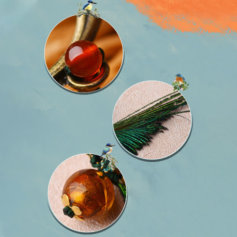 Spilla da donna retrò in bronzo con fiore e piuma di pavone - image 3