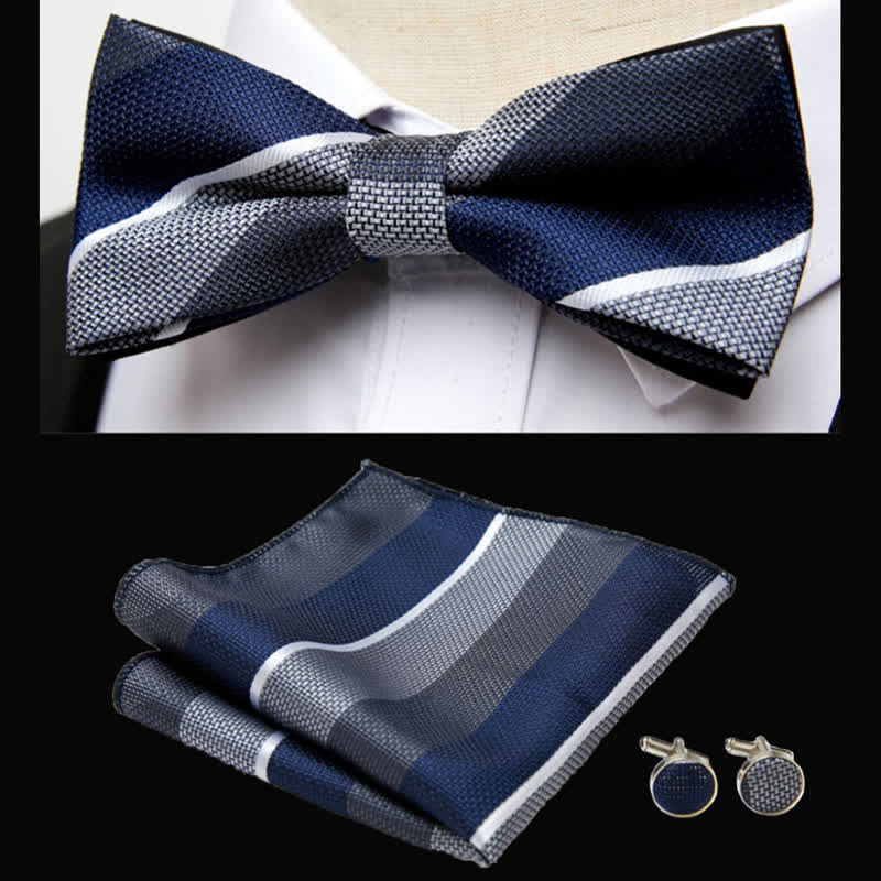 Set di 3 fazzoletti da taschino con papillon a righe classiche da uomo - Blu navy e grigio - image 1