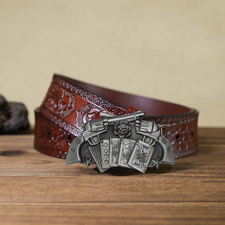 Cintura in pelle fai da te da uomo con fibbia a doppia pistola da poker - Doppia pistola - Cintura marrone intagliata (40) - image 11