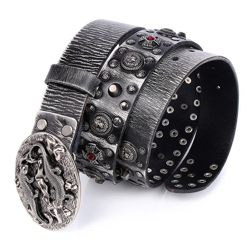 Cintura in pelle con ornamento leone rubino borchiato da uomo - image 1