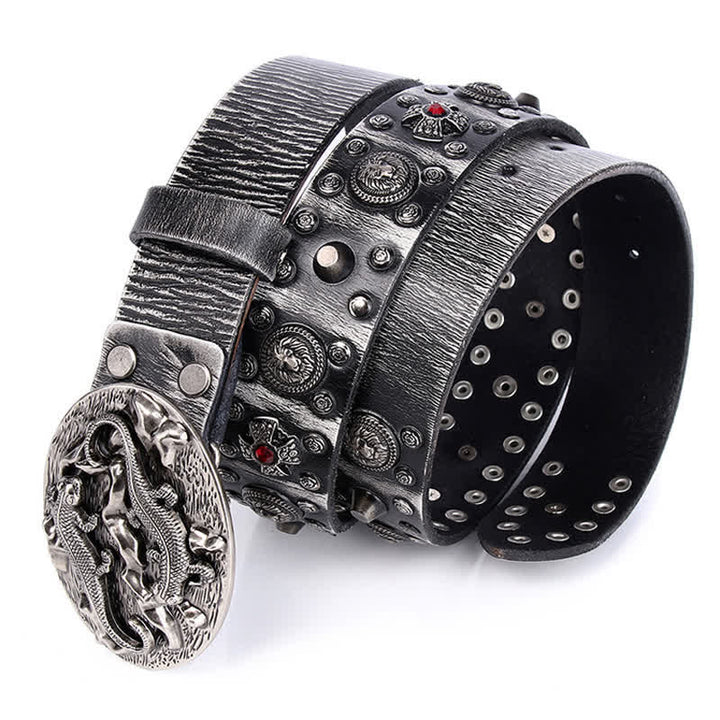 Cintura in pelle con ornamento leone rubino borchiato da uomo - image 1