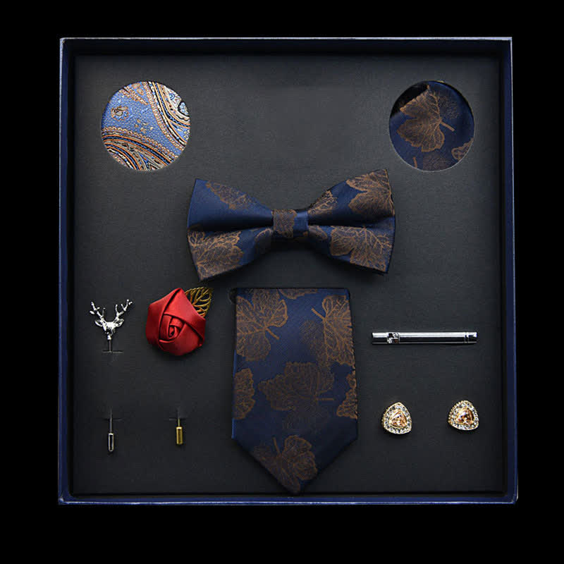 8 pezzi blu navy e marrone vintage foglia cravatta papillon scatola regalo - Blu marino e marrone - image 0