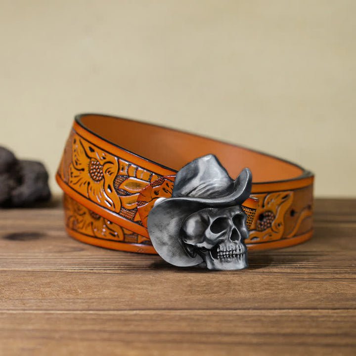 Cintura in pelle con fibbia per cappello e testa di teschio creativa fai da te da uomo - Testa del cranio - Cintura intagliata arancione (40) - image 15