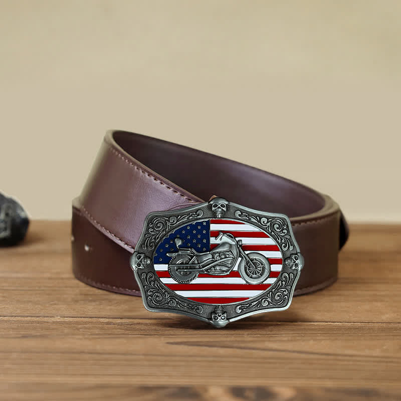 Cintura in pelle con fibbia a forma di teschio con bandiera USA, fai da te, da uomo - Motociclo - Cintura PU marrone (40) - image 7