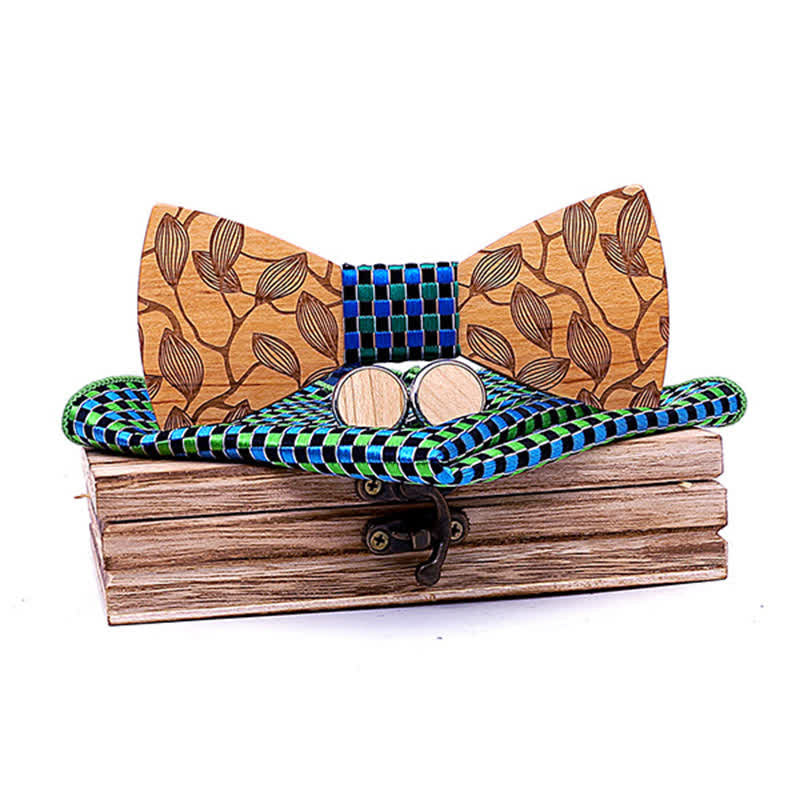 Set di 3 papillon in legno con motivo a foglia da uomo - Segno di spunta verde - image 8