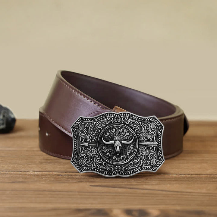 Cintura in pelle fai da te con fibbia a forma di freccia di toro a forma di corno lungo da uomo - Argento antico - Cintura PU marrone (40) - image 12