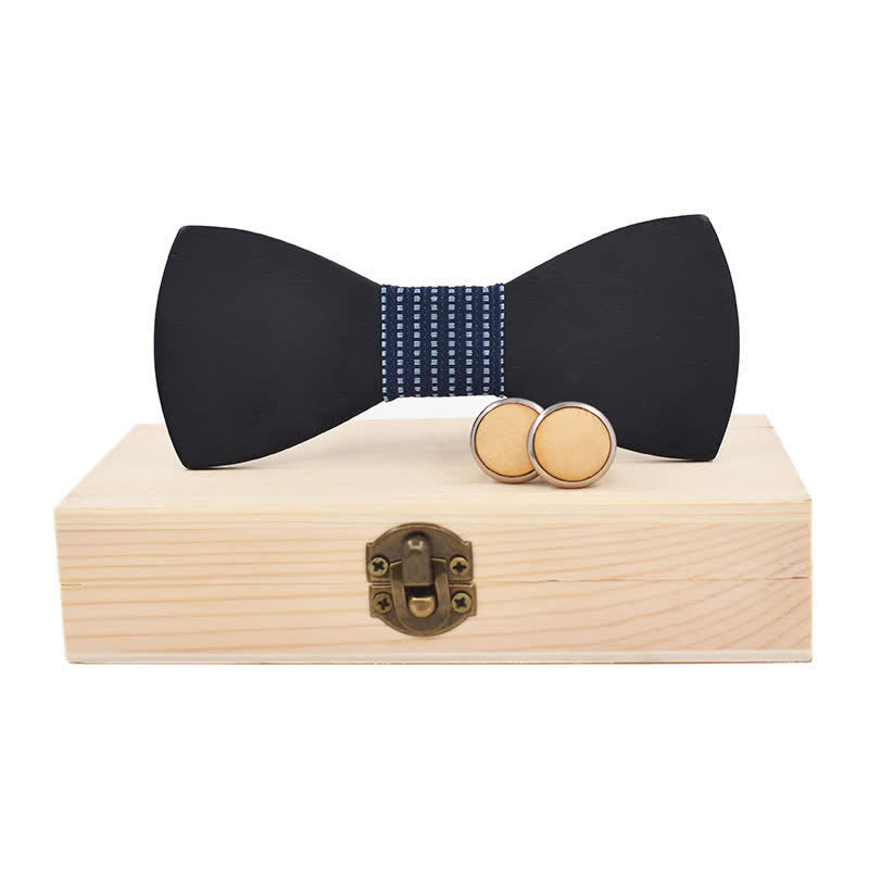 Set di 2 gemelli da uomo in legno nero con papillon - Navy a pois - image 7