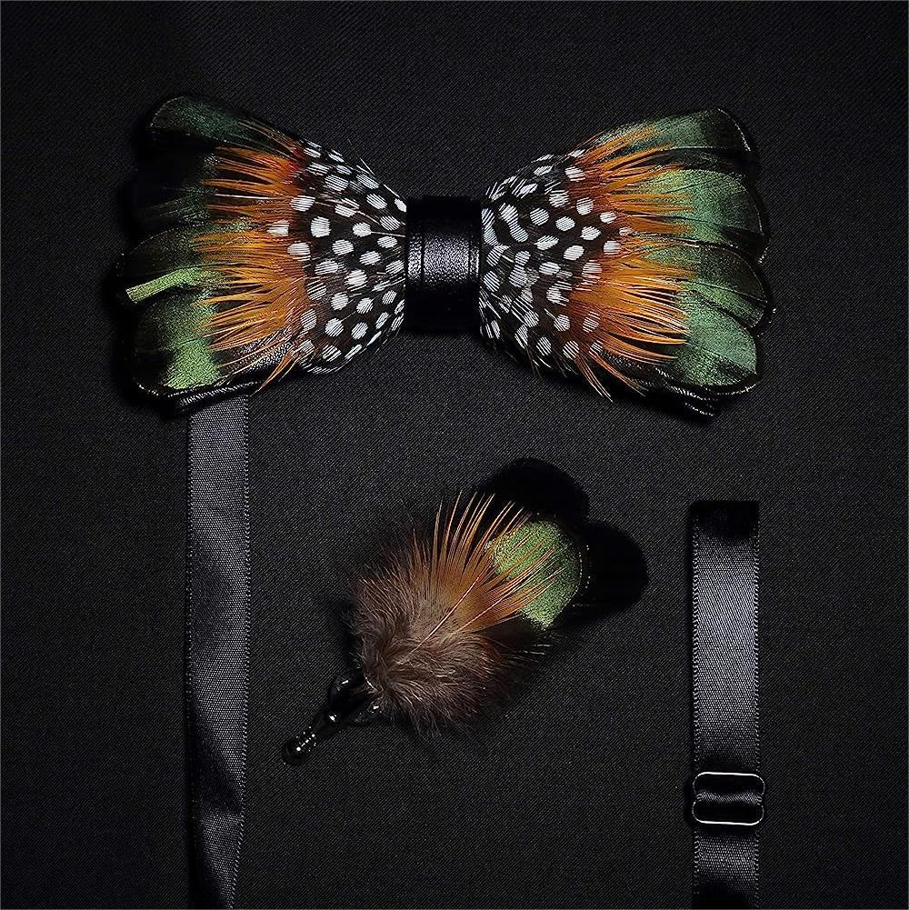 Papillon vintage con piume verde foresta e arancione per bambini con spilla da bavero - Adulto - image 2