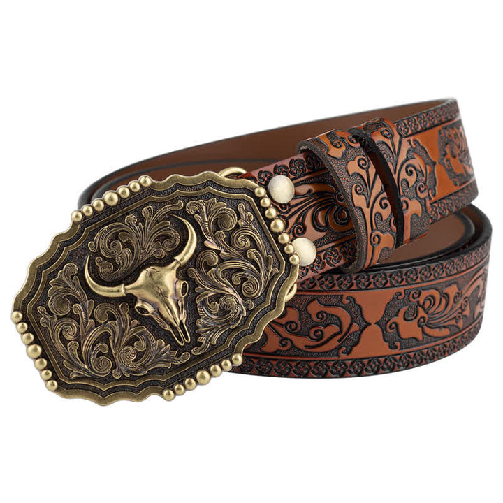 Cintura classica in pelle con teschio di toro floreale da uomo - image 1