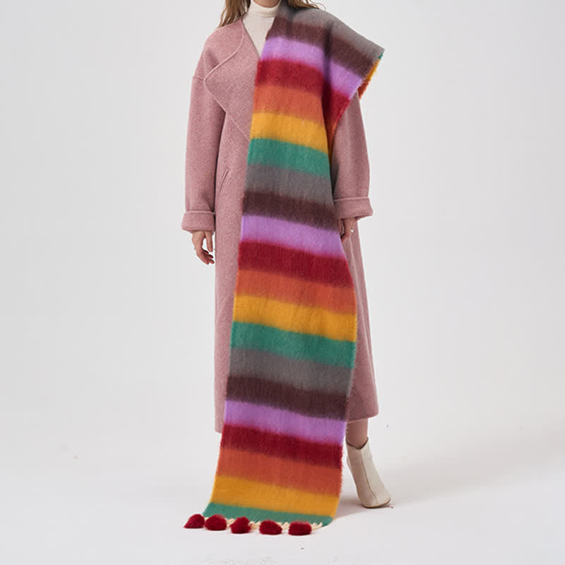 Sciarpa con nappe a righe color arcobaleno da donna - Rosso - image 2