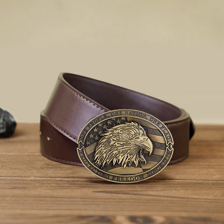 Cintura in pelle con fibbia della bandiera USA con aquila calva patriottica fai da te da uomo - Bronzo antico - Cintura PU marrone (40) - image 11