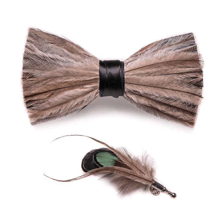 Papillon con piuma della pace marrone e grigio con spilla da bavero - image 2