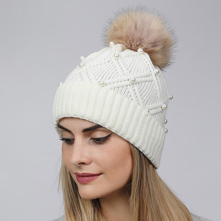 Cappello lavorato a maglia elasticizzato con pompon e perle carine da donna - Bianco - Regolabile (21 5/8"-23 5/8") - image 10