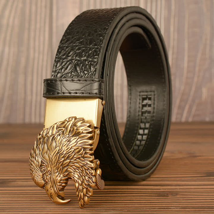 Cintura da uomo in pelle goffrata con testa d'aquila e coccodrillo - Oro e nero - 46 - image 11